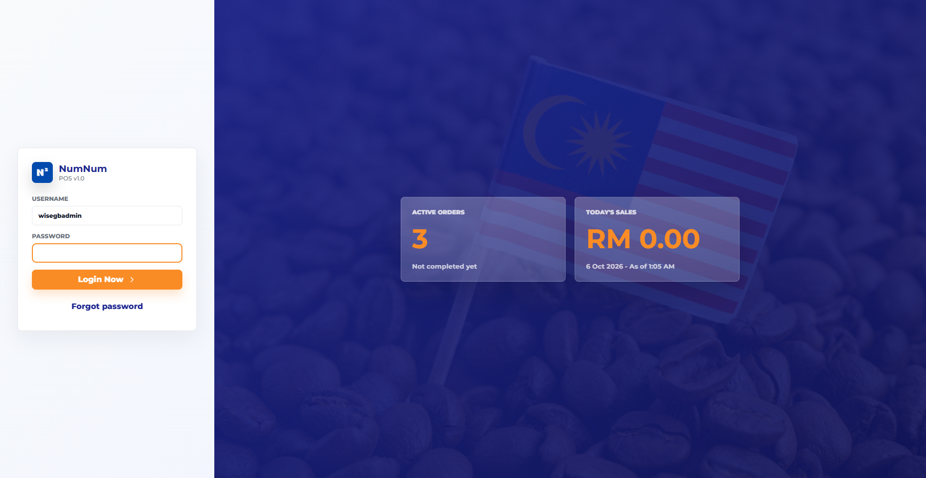 NumNum POS for Coffee Store — login and dashboard